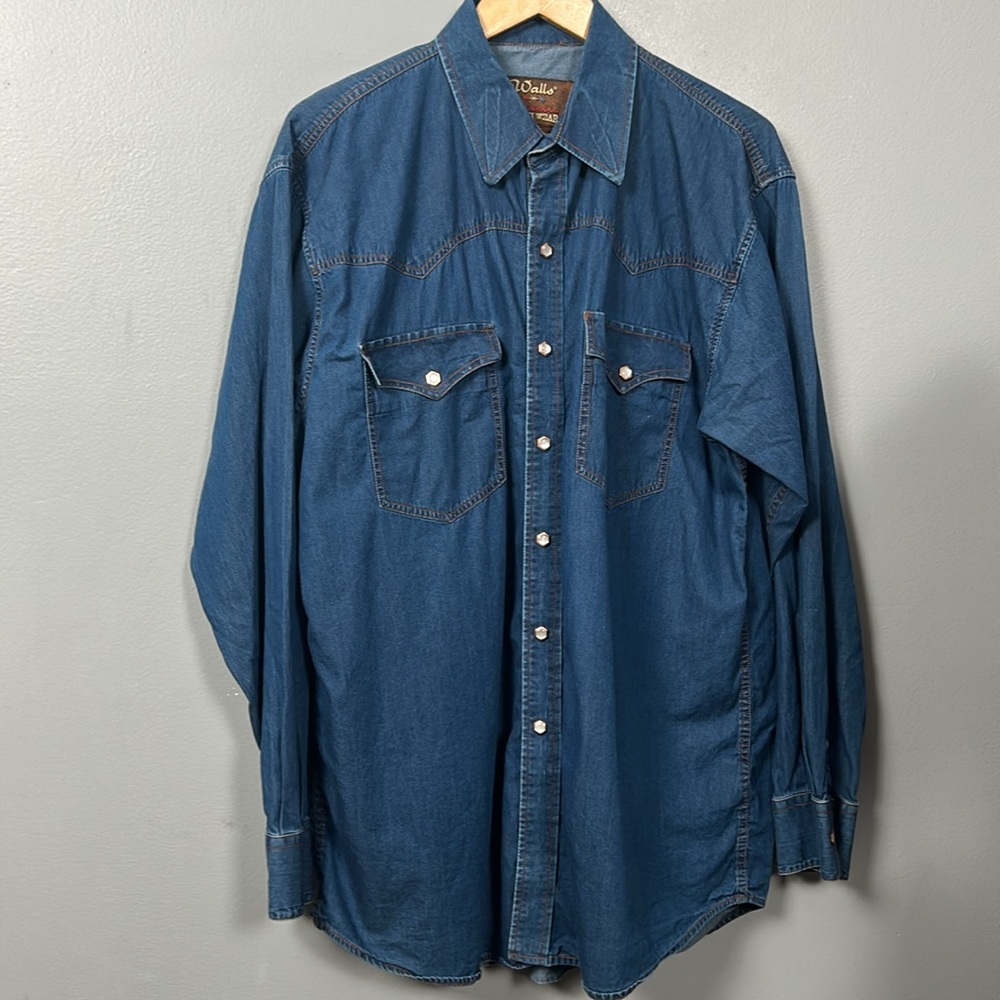 Vintage Walls Denim Shirt Mens Large Long Tail Western Pearl Snap Long Sleeve